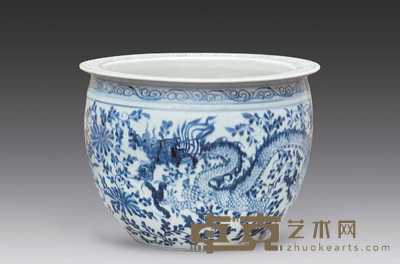 清代 青花凤穿花纹缸 高20cm